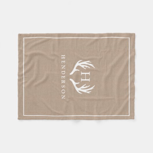 Rustic Deer Antlers Monogram Burlap Fleece Deken (Voorkant (Horizontaal))