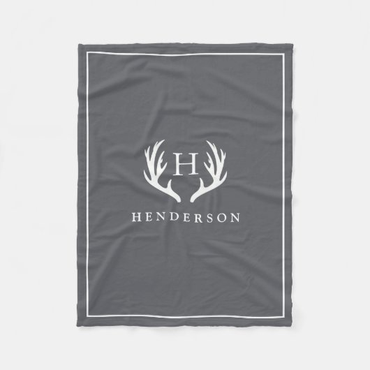Rustic Deer Antlers Monogram Gray Fleece Deken (Voorkant)