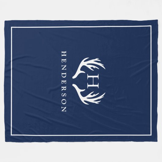 Rustic Deer Antlers Monogram Navy Fleece Deken (Voorkant (Horizontaal))