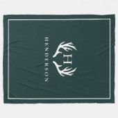 Rustic Deer Antlers Monogram Pine Green Fleece Deken (Voorkant (Horizontaal))
