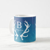 Rustic Deer Antlers Monogram Waterverf Blue Koffiemok (Voorkant links)