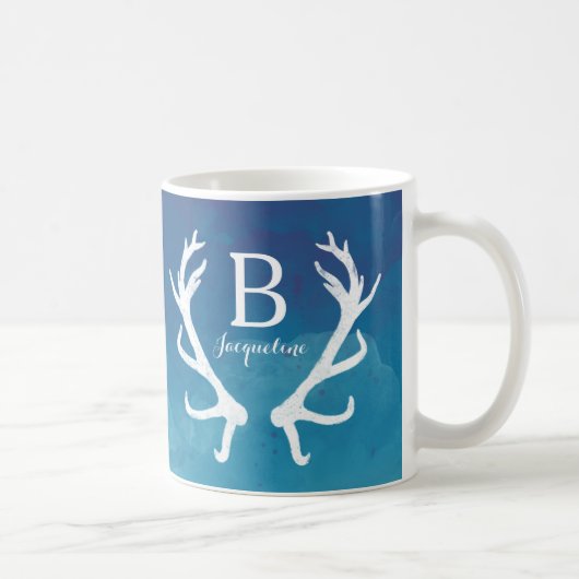 Rustic Deer Antlers Monogram Waterverf Blue Koffiemok (Rechts)