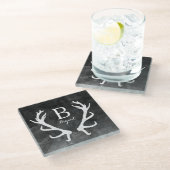 Rustic Deer Antlers Monogram Zwarte Waterverf Glazen Onderzetter (Schuin)