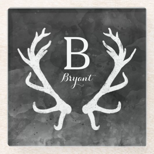 Rustic Deer Antlers Monogram Zwarte Waterverf Glazen Onderzetter (Voorkant)