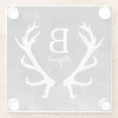 Rustic Deer Antlers Monogram Zwarte Waterverf Glazen Onderzetter (Achterkant)