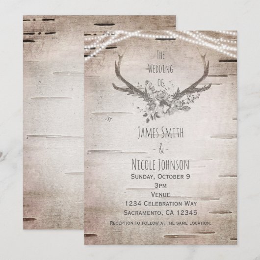 Rustic Deer Antlers & White Birch Vintage Wedding Kaart (Voorkant / Achterkant)