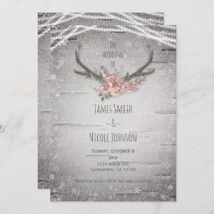 Rustic Deer Antlers & White Birch Winter Wedding Kaart