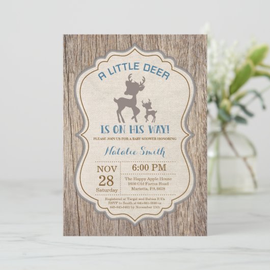 Rustic Deer Baby shower Invitation Boy Kaart (Staand voorkant)