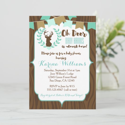 Rustic Deer Baby shower Invitation, Deer Invitate Kaart (Staand voorkant)