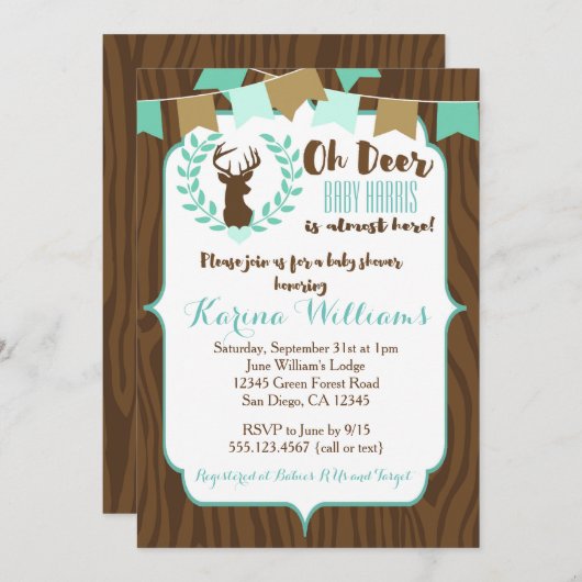 Rustic Deer Baby shower Invitation, Deer Invitate Kaart (Voorkant / Achterkant)