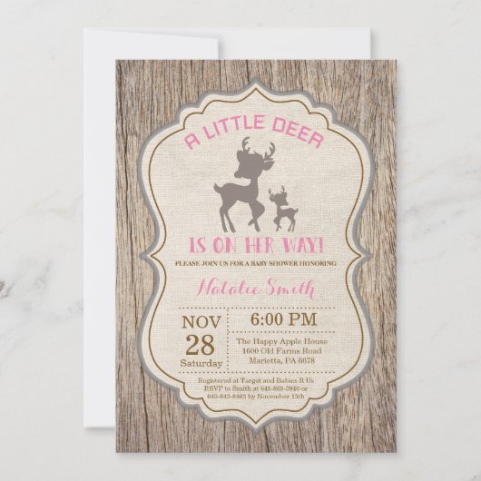 Rustic Deer Baby shower Invitation Girl Kaart (Voorkant)