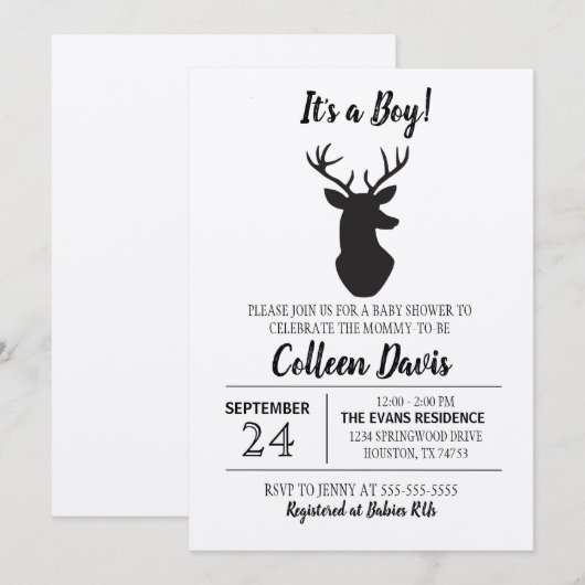 Rustic Deer Boy Baby shower Uitnodiging | Kraft (Voorkant / Achterkant)