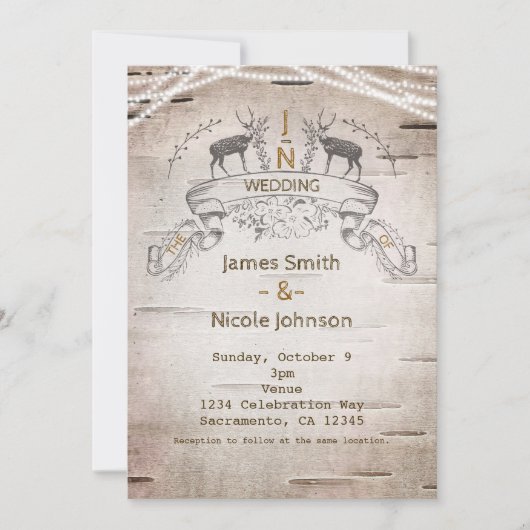 Rustic Deer & Branches Birch Wedding Invitations Kaart (Voorkant)