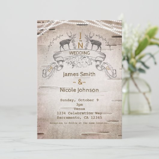 Rustic Deer & Branches Birch Wedding Invitations Kaart (Staand voorkant)