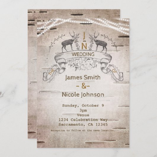 Rustic Deer & Branches Birch Wedding Invitations Kaart (Voorkant / Achterkant)