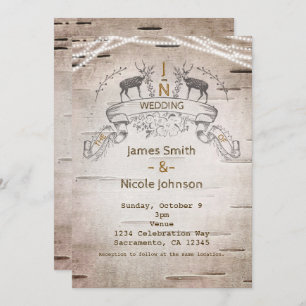 Rustic Deer & Branches Birch Wedding Invitations Kaart