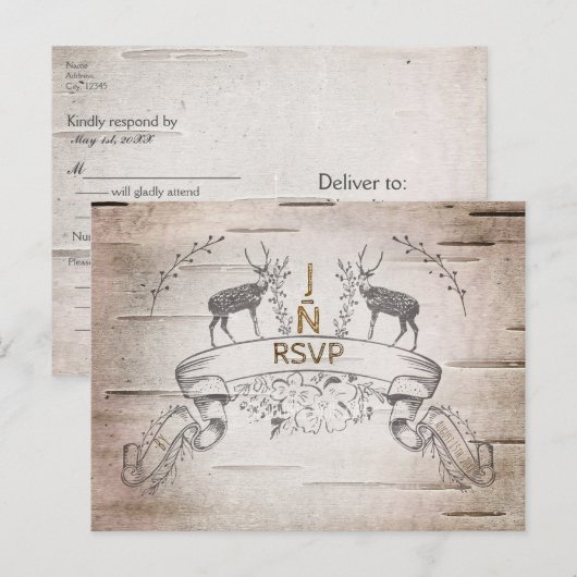 Rustic Deer & Branches Birch Wedding RSVP Uitnodiging Briefkaart (Voorkant / Achterkant)