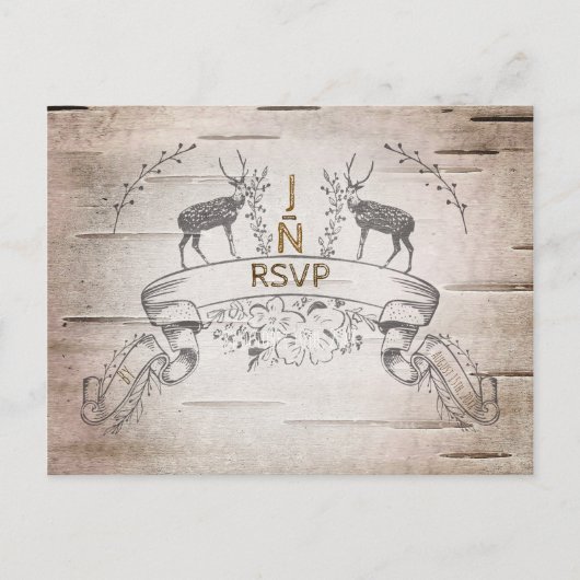 Rustic Deer & Branches Birch Wedding RSVP Uitnodiging Briefkaart (Voorkant)