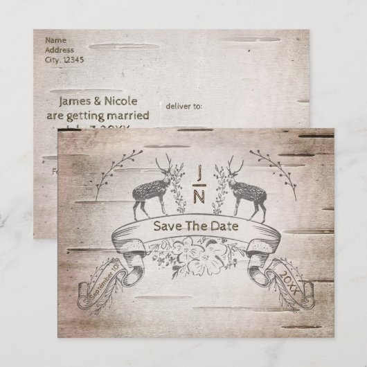Rustic Deer & Branches Birch Wedding Save the Date Aankondigingskaart (Voorkant / Achterkant)