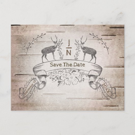 Rustic Deer & Branches Birch Wedding Save the Date Aankondigingskaart (Voorkant)