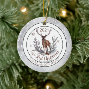 Rustic Deer Buck onze eerste kerstfamilie Keramisch Ornament