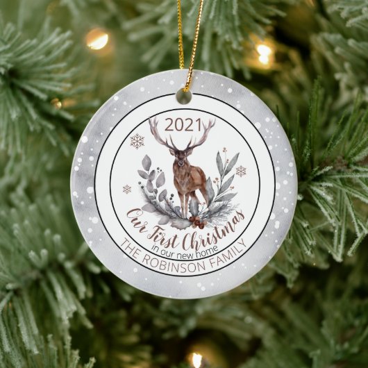 Rustic Deer Buck onze eerste kerstfamilie Keramisch Ornament (Boom)