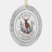 Rustic Deer Buck onze eerste kerstfamilie Keramisch Ornament (Rechts)