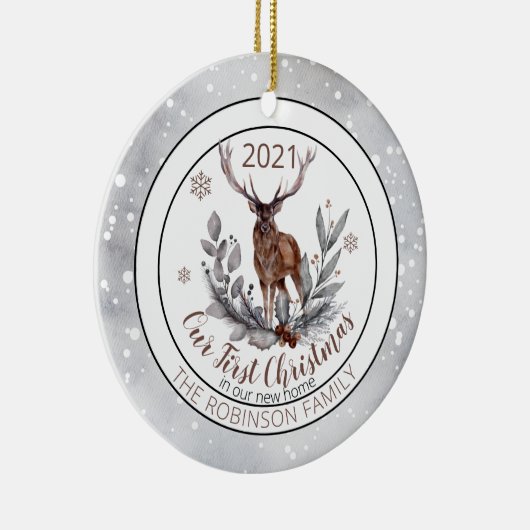 Rustic Deer Buck onze eerste kerstfamilie Keramisch Ornament (Rechts)