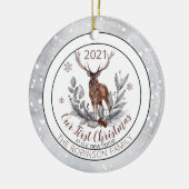Rustic Deer Buck onze eerste kerstfamilie Keramisch Ornament (Links)