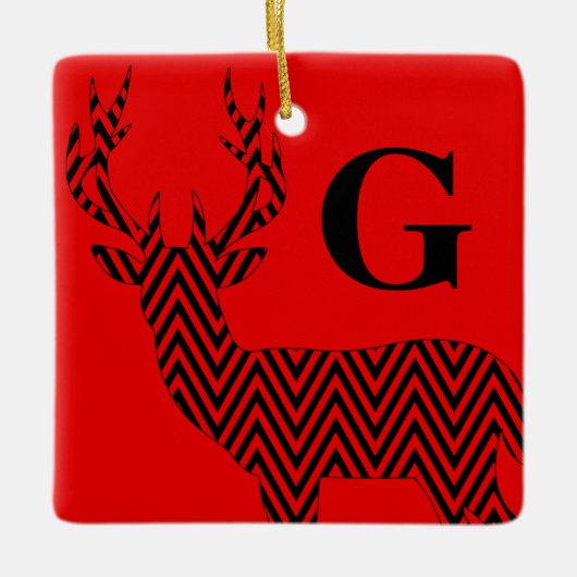 Rustic Deer Chevron Monogram | rood zwart Keramisch Ornament (Voorkant)