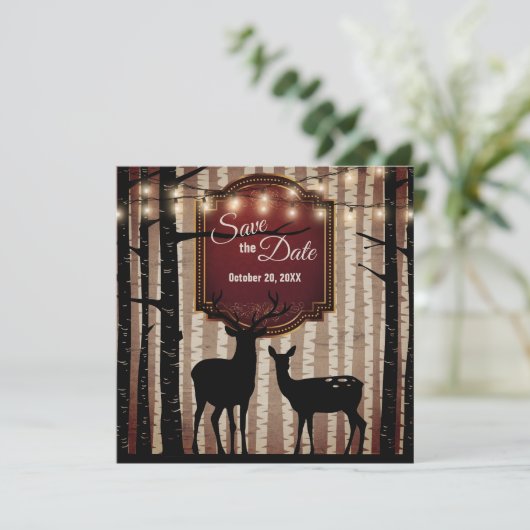 Rustic Deer en Trees Herfst/Winter Woodland Weddin Save The Date (Staand voorkant)