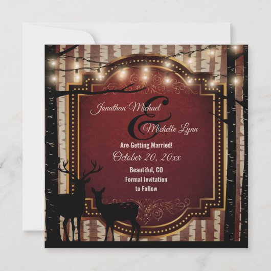 Rustic Deer en Trees Herfst/Winter Woodland Weddin Save The Date (Achterkant)