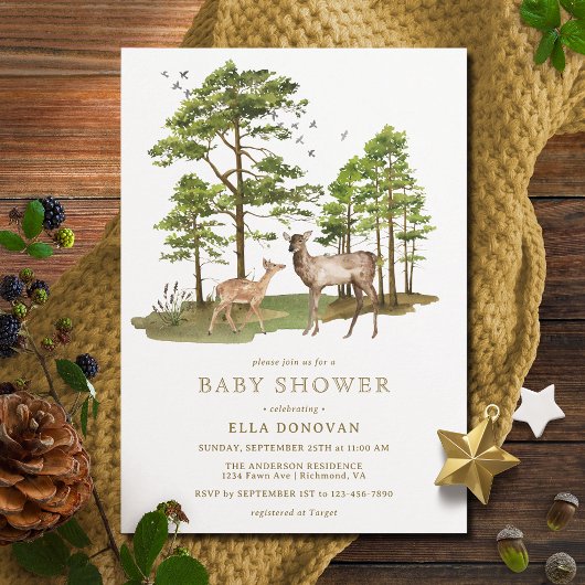 Rustic Deer Fawn | Neutral Woodland Baby shower Kaart