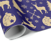 Rustic Deer Gold-kerstpatroon op blauw Cadeaupapier (Rol Hoek)