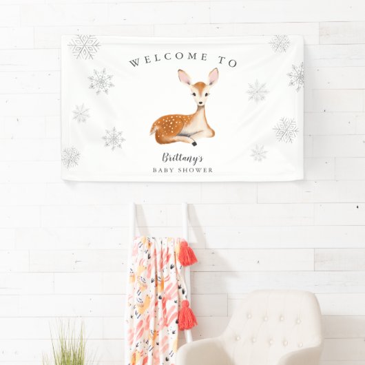 Rustic Deer Gray Winter Baby shower Welkom Spandoek (Insitu)
