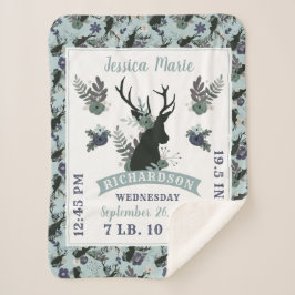Rustic Deer Head Blue Baby Girl Birth Record Stats Sherpa Deken