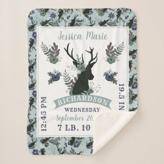 Rustic Deer Head Blue Baby Girl Birth Record Stats Sherpa Deken (Voorkant)