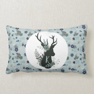 Rustic Deer Head Blue Floral Monogram Initiaal Kussen