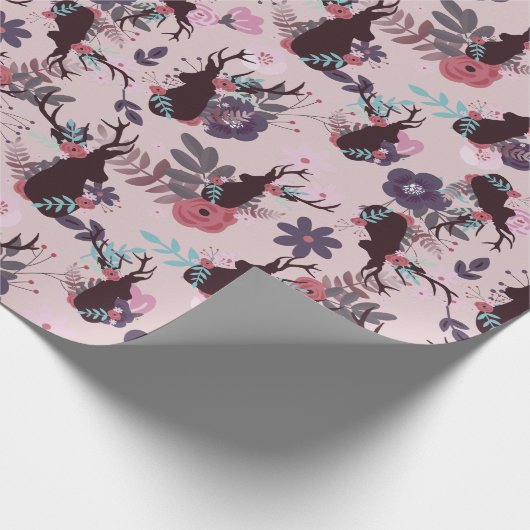 Rustic Deer Head Mauve Floral Girl Baby shower Cadeaupapier (Hoek)