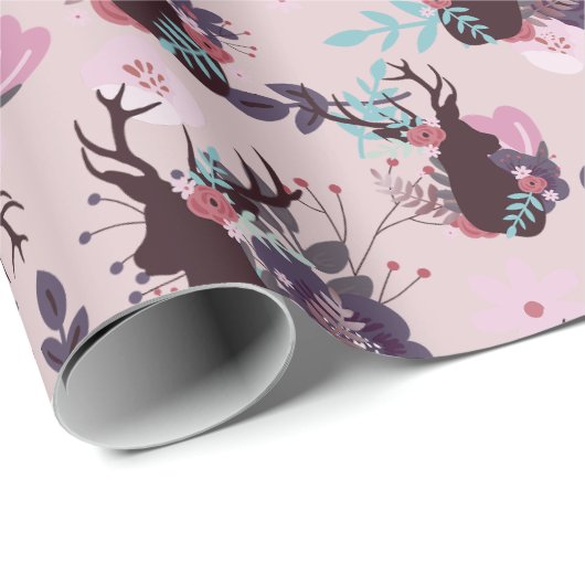 Rustic Deer Head Mauve Floral Girl Baby shower Cadeaupapier (Rol Hoek)