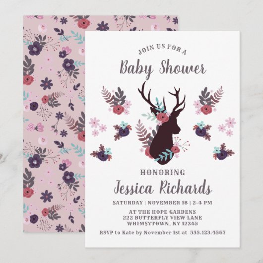 Rustic Deer Head Mauve Floral Girl Baby shower Kaart (Voorkant / Achterkant)