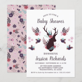 Rustic Deer Head Mauve Floral Girl Baby shower Kaart