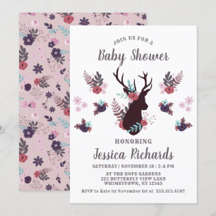 Rustic Deer Head Mauve Floral Girl Baby shower Kaart