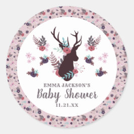 Rustic Deer Head Mauve Floral Girl Baby shower Ronde Sticker