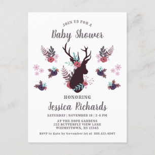 Rustic Deer Head Mauve Floral Girl Baby shower Uitnodiging Briefkaart