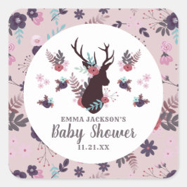 Rustic Deer Head Mauve Floral Girl Baby shower Vierkante Sticker