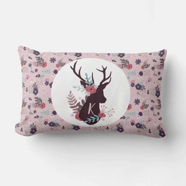 Rustic Deer Head Mauve Floral Monogram Initiaal Kussen (Voorkant)