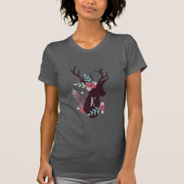 Rustic Deer Head Mauve Floral Monogram Initiaal T-shirt