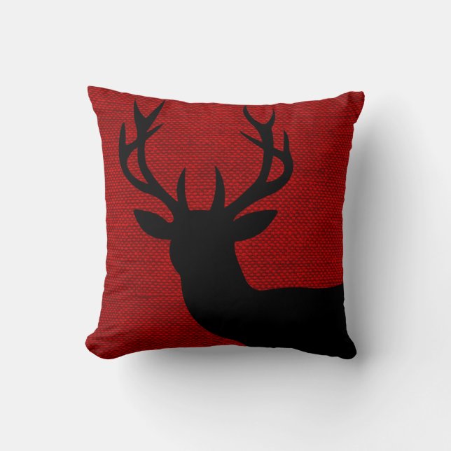 Rustic Deer Head Silhouette op Burlap | rood zwart Kussen (Voorkant)