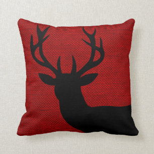 Rustic Deer Head Silhouette op Burlap   rood zwart Kussen